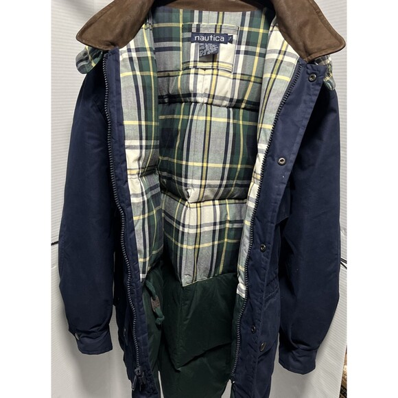 Vintage Nautica Duck Down Barn Chore Coat Men's Large Leather Collar Hood Blue - Picture 5 of 9